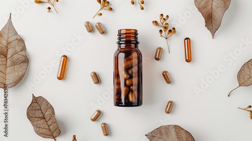  A top-view horizontal composition featuring capsules of slippery elm spilling out of a brown glass bottle, all against a white background. The concept of herbal supplements and medication
