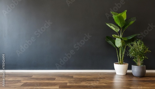 empty room black wall and parquet floor indoor plants mock up interior free copy space for your furniture picture and other objects 3d rendering