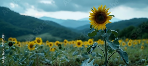 Radiant Solitude: A Single Sunflower Embracing Individuality, Majestic Amidst a Vast Field of Greenery, Symbolizing Strength, Resilience, and the Beauty of Standing Tall Against the Odds