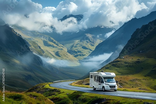 Modern motorhome goes on an adventurous road trip against the backdrop of an incredibly beautiful mountain valley landscape