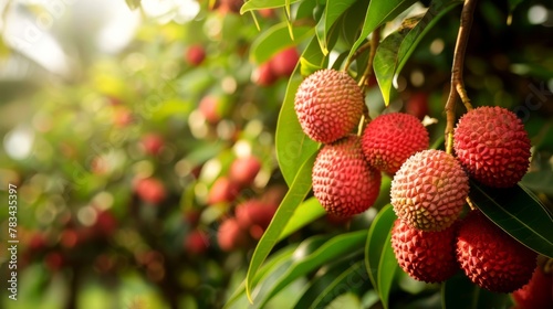 Ripe lychee fruits hanging on a tree in a plantation garden. Commercial lychee orchard cultivation and harvesting