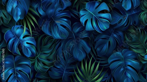 Tropical leaves seamless pattern, navy blue and teal color palette, illustration ,in the style of dark sky blue and light green, vibrant illustrations, deep cobalt background