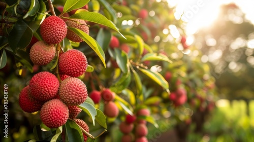 Commercial lychee orchard cultivation and harvesting. Ripe lychee fruits hanging on a tree in a plantation garden.