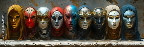 Venetian masks arranged on a stone pedestal, bathed in warm backlight, showcasing the richness of their colors and textures