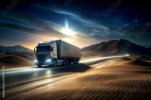 night scene of Truck overtaking, background along the desert