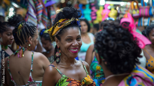 In a bustling street market a group of AfroBrazilian women gather each dressed in their own unique mix of colors patterns and traditional elements. Together they represent the vibrant .