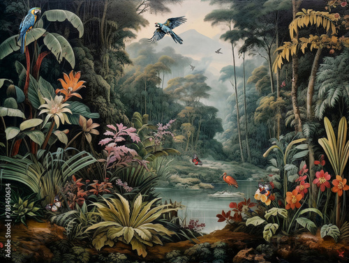 wallpaper jungle and lake leaves tropical forest wall mural parrot and birds butterflies old drawing vintage background