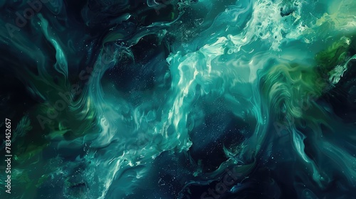 Liquid fluid art abstract background. Blue green acrylic paint underwater, galactic smoke ocean.