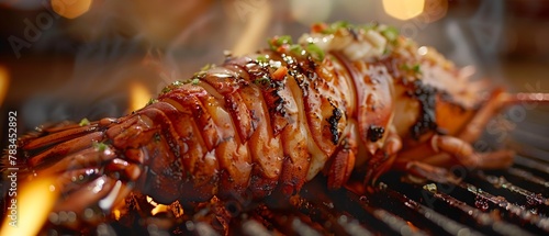 Lobster tail, butter drizzle, close-up, steaming, warm kitchen glow, rich red shell detail