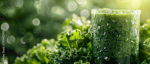 Kale smoothie, close-up, vibrant green, morning light, detailed texture, glass dew
