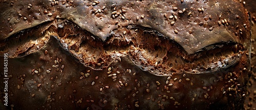 Artisan rye bread, caraway seeds, close view, dark crust, warm ambient light, sharp detail
