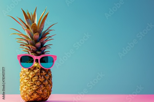 cheerful pineapple in pink sunglasses on a blue background with space for text, advertising or congratulations.