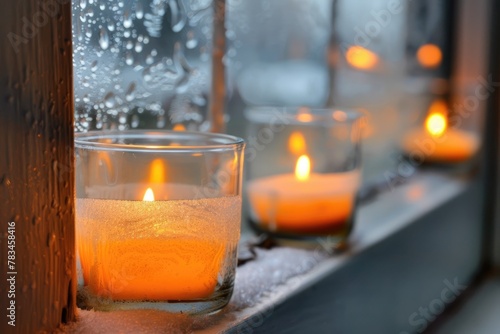 Winter holiday scene candles in windows