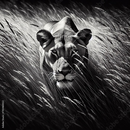 Black and white portrait of a lioness in tall grass. B&W art print. 