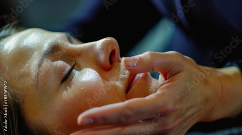 A profile shot of a the using acupressure on a patients hand with a look of intense focus and care on their face. The patients hand is relaxed a testament to the treatments effectiveness .
