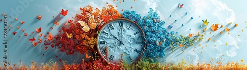 Design a striking graphic showcasing a high-angle view of conceptual art clocks transforming with the seasons Incorporate elements unique to each season to convey the idea effectively