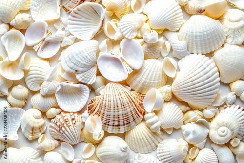 Collection of white seashells, variety of shapes and textures, beach mollusks assortment