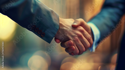 close up of two business people shaking hands, bokeh background