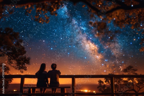A couple enjoys the Milky Way from a treehouse balcony over the ocean.