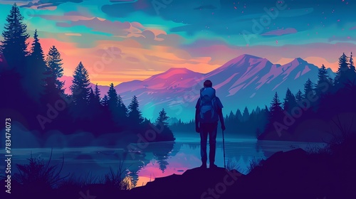 Depict a surreal landscape in the background of a campers silhouette, exploring the inner struggles of solitude and self-discovery Utilize vector art style to enhance the dreamlike atmosphere