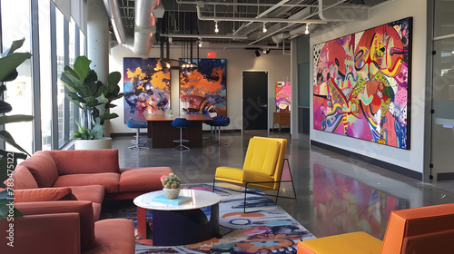 A vibrant and colorful office space with abstract paintings adorning the walls