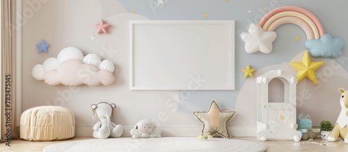 A detailed shot showcasing a room with a prominent picture frame on the wall and a soft, cuddly stuffed animal placed nearby