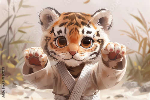 A cute cartoon tiger in a karate gi is standing in a fighting stance.