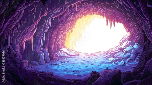 a Colorful Cave with Bright Exits and Detailed Stalactites