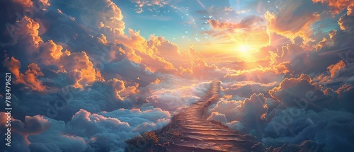 Pathway to peace, stairway caressed by clouds, sun's glow above