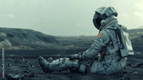 A portrait of an astronaut sitting on the surface of a distant planet their back to the camera as they stare out into the unknown. The vast and empty landscape speaks to their isolation .