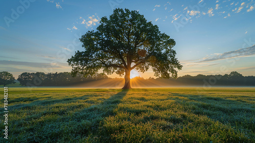A majestic oak tree standing alone in a verdant field at sunrise, with rays of light streaming through its branches, casting long shadows on the dew-covered grass. 32k, full ultra hd, high resolution