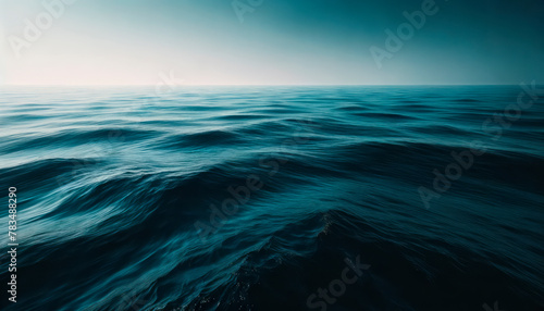 A dark and serene ocean landscape showing gentle waves, with a creative concept on a gradient blue background. Generative AI
