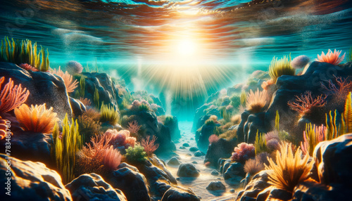 A vibrant underwater scene with sun rays shining through water onto coral and rocks, digital artwork on a marine background, depicting ocean life. Generative AI