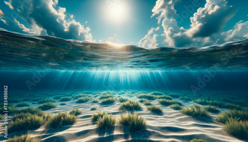Underwater view with sun beams shining through water over a sandy sea bottom and seaweed, with a blue and white background, showcasing a serene aquatic concept. Generative AI