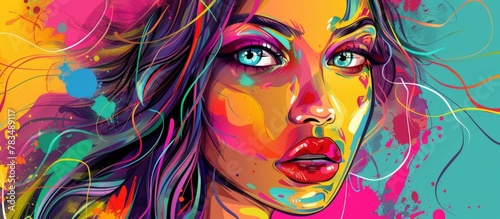 Long-haired woman with bold makeup adorned in vivid hues, a striking and artistic portrayal full of vibrant colors