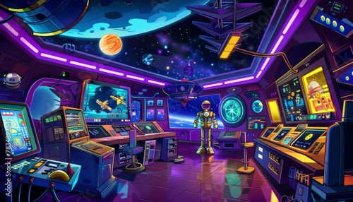 Illustrate a galactic mishap in a wide-angle view of a space mission control center, featuring a zany mix of robotic assistants, eccentric scientists, and high-tech gadgets in a vibrant pixel art rend