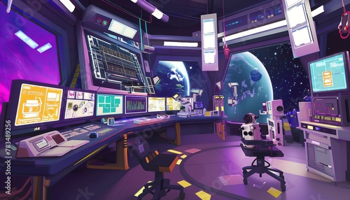 Illustrate a galactic mishap in a wide-angle view of a space mission control center, featuring a zany mix of robotic assistants, eccentric scientists, and high-tech gadgets in a vibrant pixel art rend