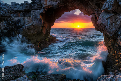 A naturally formed archway in a rock formation by the sea, with waves crashing through it at sunset. 32k, full ultra hd, high resolution