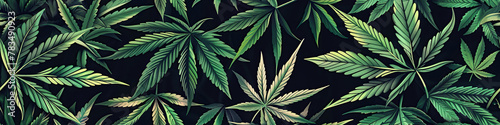 seamless pattern with green cannabis marijuana leaf on black background for fabric decor