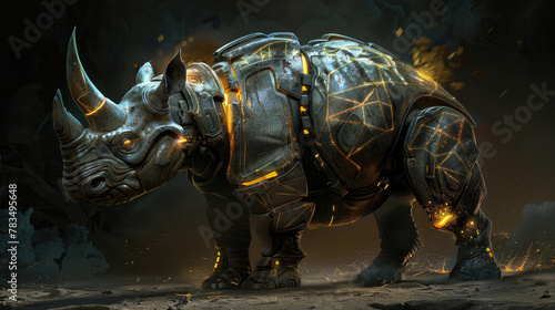 A rhinoceros-like creature with metallic armor and glowing markings