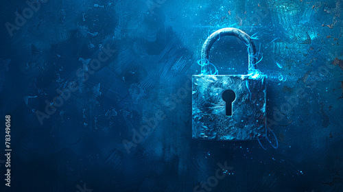An illuminated padlock on a textured blue background, representing digital security concept. Generative AI
