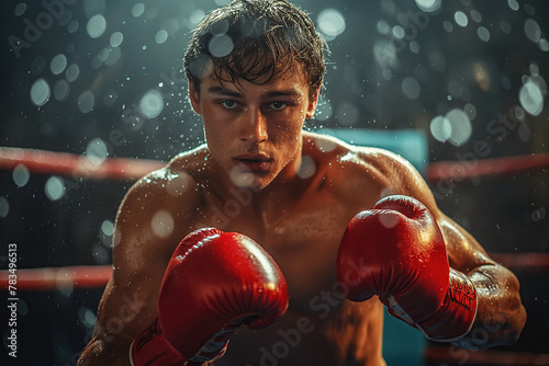 portrait of white young male boxer in red gloves fighting in boxing ring