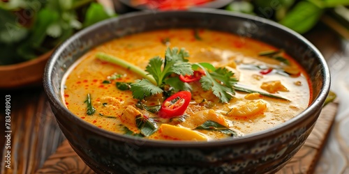 Thai coconut curry soup, lemongrass garnish, vibrant yellow, close shot, soft daylight