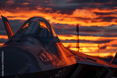 The fiery glow of the sun highlighting the power of a fighter aircraft , Futuristic , Cyberpunk