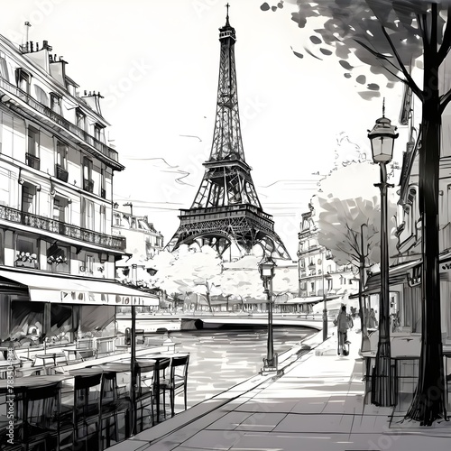 line drawing of paris black and white brush black detail city streets seine river cafes