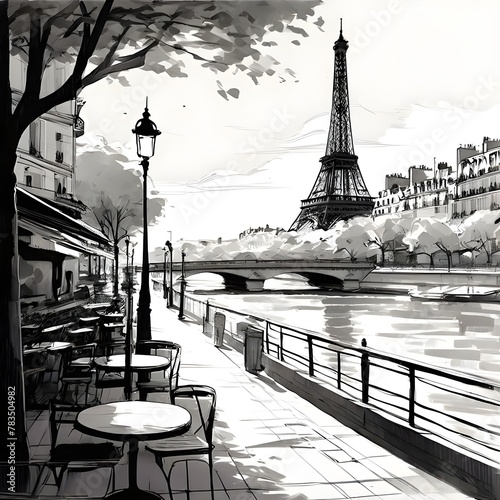 line drawing of paris black and white brush black detail city streets seine river cafes