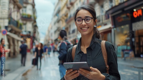 A linguist stands near a busy city street smiling warmly as she converses with a group of locals in their native tongue. She confidently takes notes on her tablet seamlessly navigating .