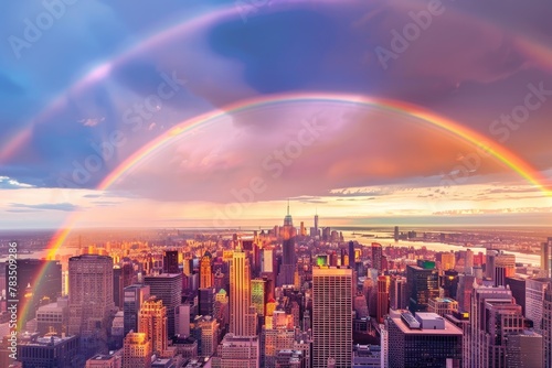A breathtaking view of a rainbow spanning across an entire city skyline at sunset
