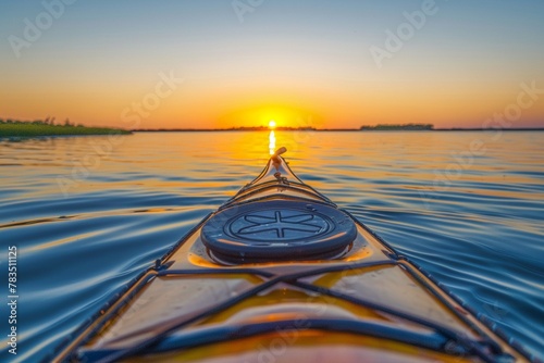 Kayaking towards a golden sunset, soft water reflections, clear horizon, eye-level, serene pursuit.