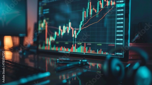 Stock graph and financial chart. Analyze stock market finance volume of stock market with Graph and chart holograph technology. High quality photo